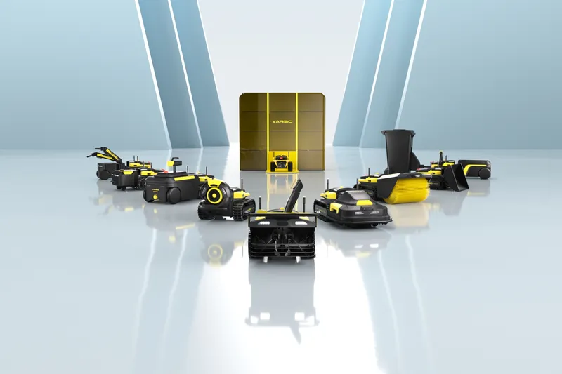 Yarbo attachment modules ecosystem — mower, blower, snow blower, and utility attachments arranged around a Yarbo dock