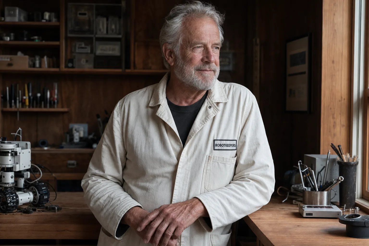 A silver-haired tradesperson at a workshop bench, ROBOTKEEPERS patch on his coat.