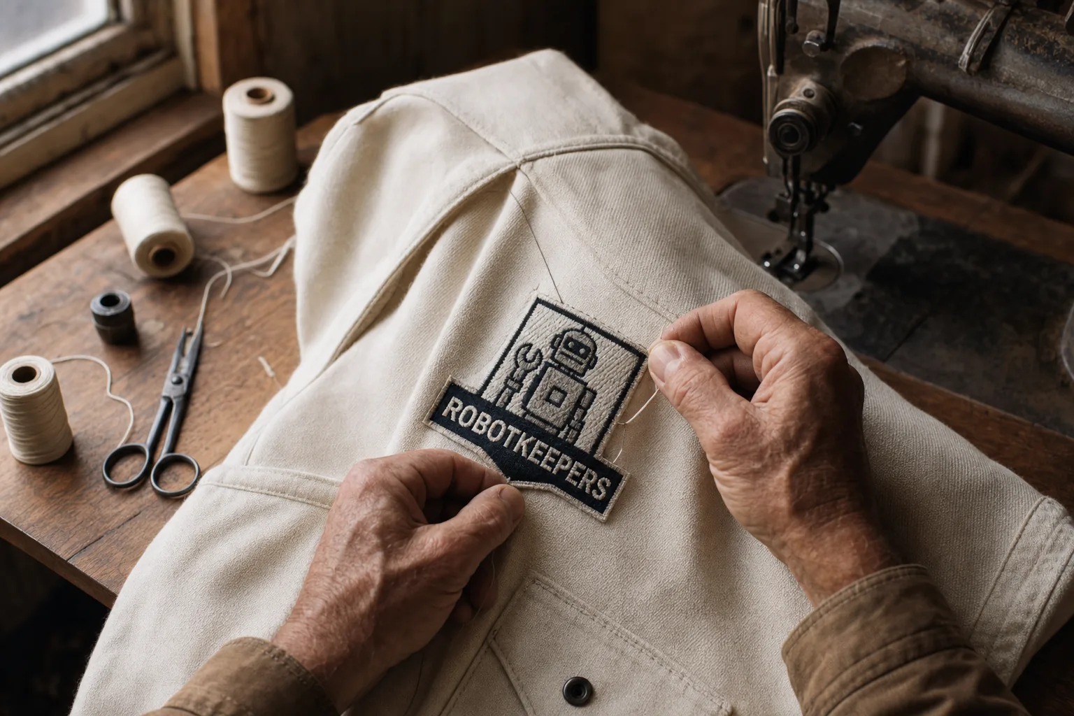 An experienced tradesperson sewing a Robotkeepers patch onto a canvas work jacket at a workshop bench.