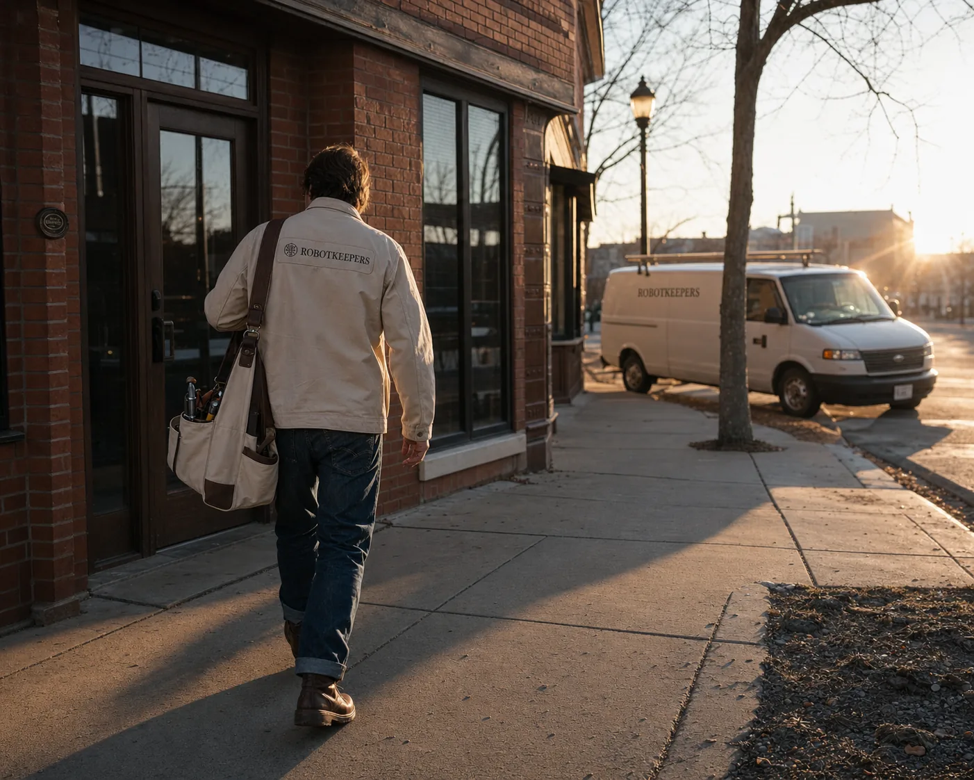 A Robotkeeper in a cream jacket standing beside a wheeled service robot in a warehouse aisle, tablet in hand.