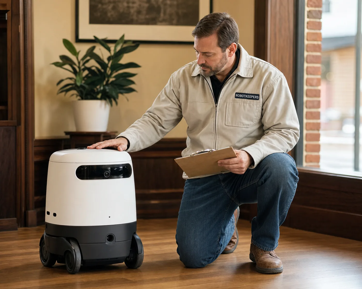 A Keeper performing routine calibration on a service robot during a scheduled monthly visit.