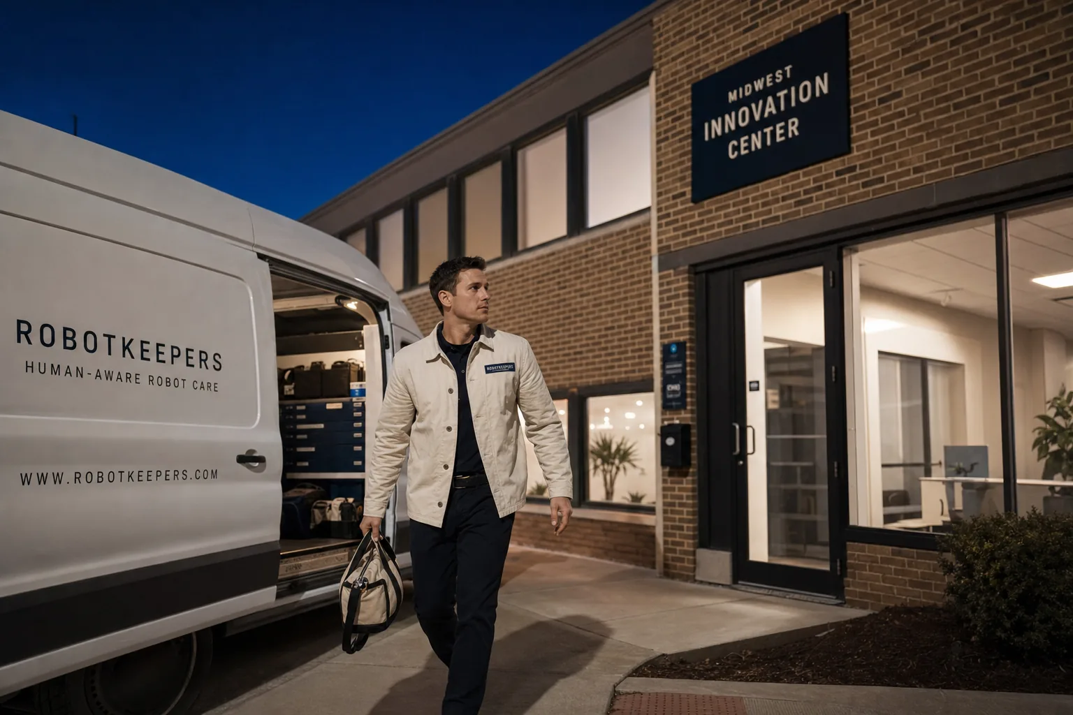 A Keeper arriving at a client site after hours, van door reading ROBOTKEEPERS · HUMAN-AWARE ROBOT CARE.